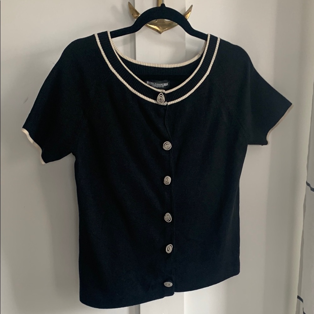 Vintage World Republic Black & Cream Silk Blend Button-Up SS Sweater Size M